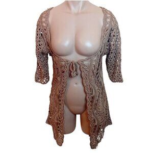 NWT‎ IXOS Italy Crochet Cardigan Open Knit Front Tie Cover Up Boho Festival L/XL